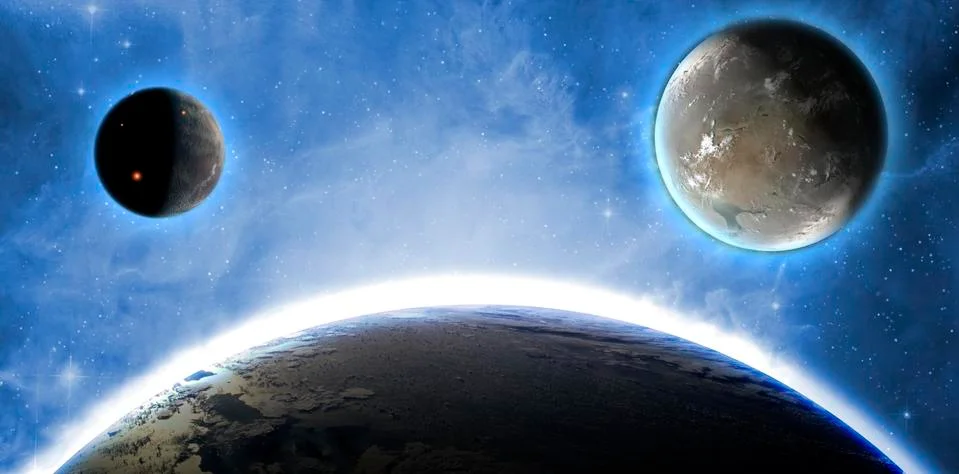 Creative planets float on open space near the earth orbit ib galaxy. Elements 스톡 사진