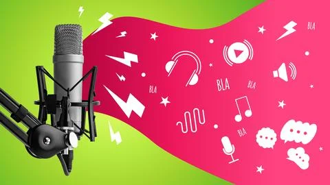 Creative podcast setup with microphone and audio elements on bright background Foto stock