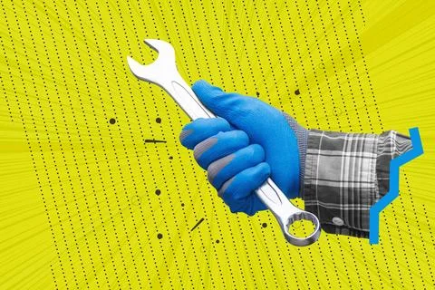 Creative pop art collage featuring a worker hand in blue gloves holding a metal Stock Illustration