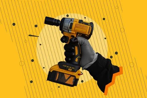 Creative pop art collage of a hand holding a cordless drill on a vibrant yellow Stockillustratie