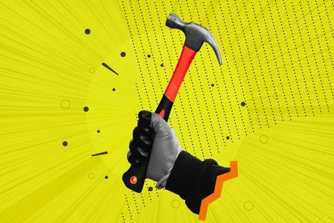 Creative pop art collage of a hand holding a hammer on a bright yellow Stockillustratie