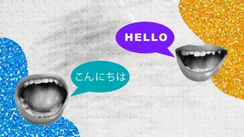 A creative pop art collage showing two open mouths with speech bubbles sayi.. Stock Photos