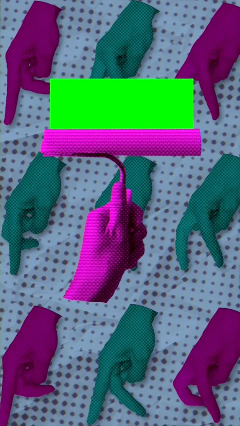 Creative Pop Art with Hands and Bright Green Screen Painted Canvas Stock Footage 278226624