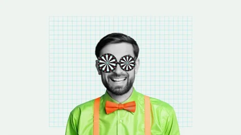 Creative pop motion art collage video of crazy man bet glasses casino addicted Video stock 309510604