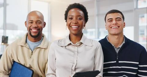 Creative, portrait and group with tablet in office, laugh and confident for.. Stock Photos