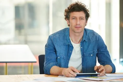Creative portrait, man and tablet in office for design review, app testing .. Stock Photos