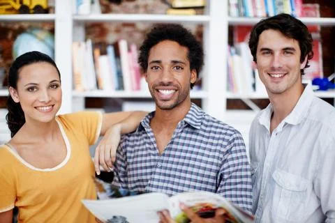 Creative, portrait or team in office with magazine, proofreading or printin.. Stock Photos