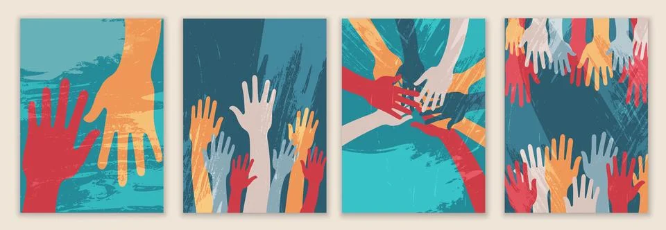 Creative poster design with raised hands of volunteers. Recruitment volunteer Stock Illustration