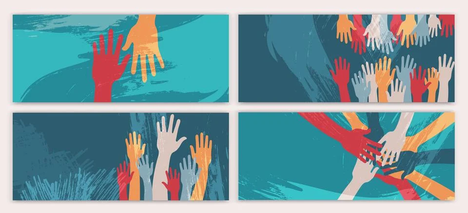 Creative poster design with raised hands of volunteers. Recruitment volunteer Stock Illustration
