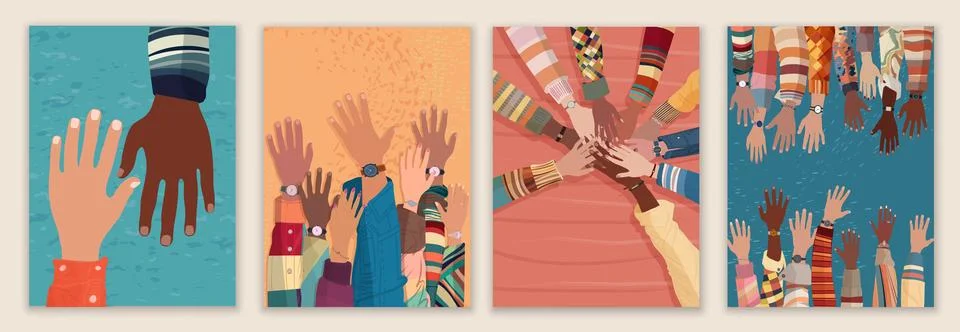 Creative poster -leaflet design with raised hands of multicultural volunteers Stock Illustration