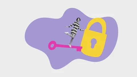 Creative poster motion art collage video of happy girl stand key lock open data Stock Footage 309510819