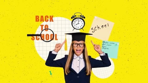 Creative poster motion collage video of shocked schoolgirl point master hat memo Stock Footage 302171552
