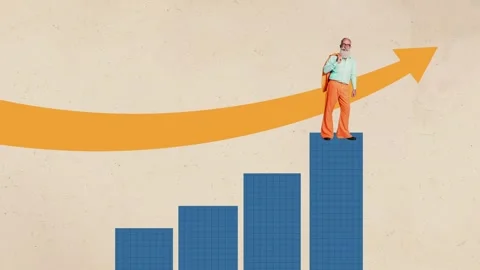 Creative poster motion collage video of happy old businessman stand chart arrow Stock Footage 302172753
