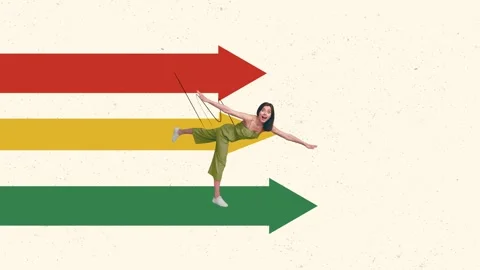 Creative poster motion collage video of happy girl stand arrow pointer success Stock Footage 303158246