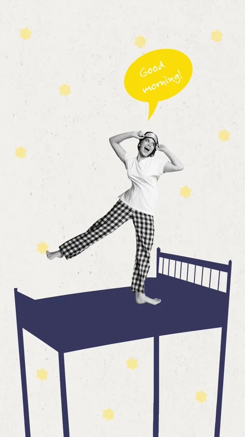 Creative poster motion collage video of happy sleepy girl jump bed good morning Video stock 310671208