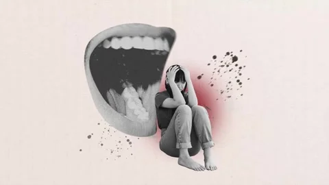 Creative poster motion collage video of puzzled girl hold head pressure mouth Stock Footage 310671735