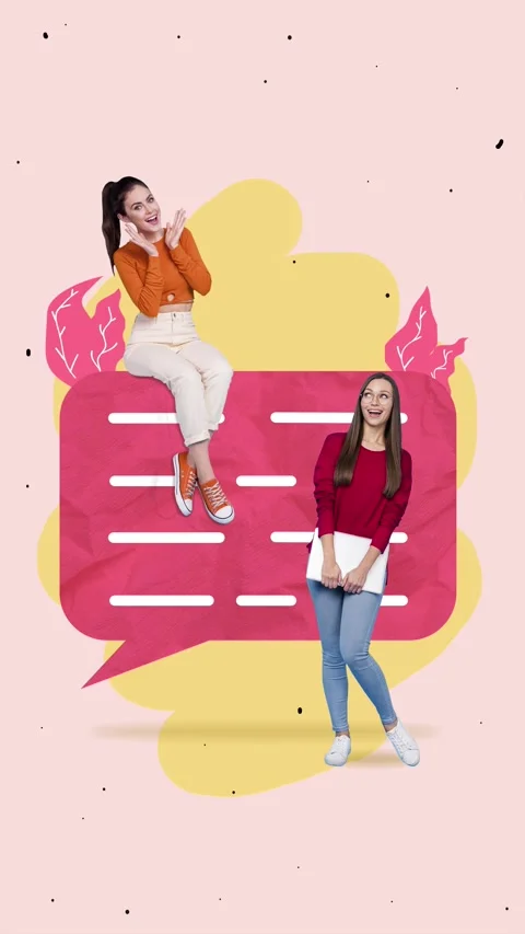 Creative poster motion collage video of happy girls sit message tab dialogue Stock Footage 311503861