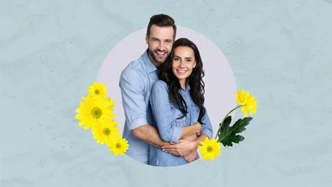 Creative poster motion collage video of happy girl guy cuddle flower love spring Stock Footage 312316432