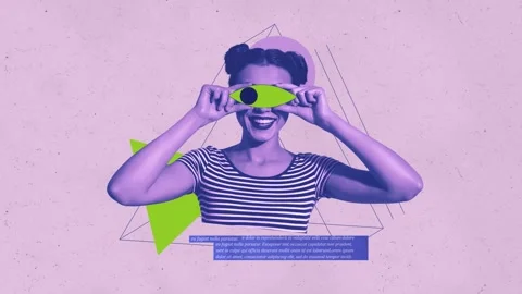 Creative poster motion collage video of happy girl cyclops eyeball esoteric Stock Footage 312316445