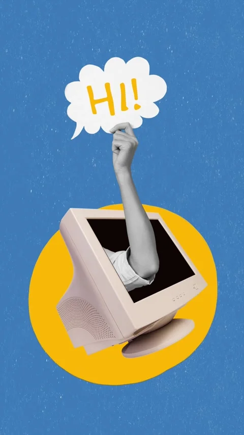 Creative poster motion trend collage video of hand peek pc hi bubble sms Stock-Footage 310671168