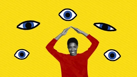 Creative poster motion trend collage video of happy girl show hands roof eyeball Stock Footage 310671408