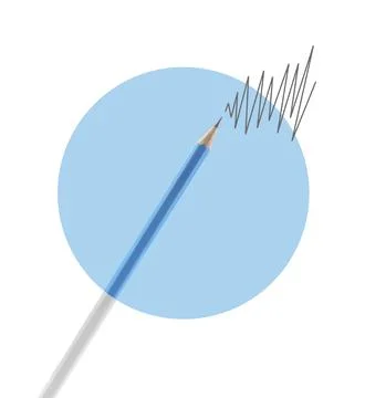 Creative poster. Pencil with drawn zig-zag line and light blue circle on wh.. 스톡 사진