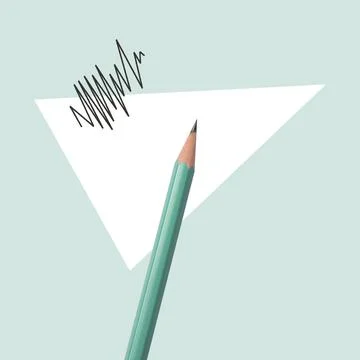 Creative poster. Pencil, drawn zig-zag line and white triangle on light tur.. 스톡 사진