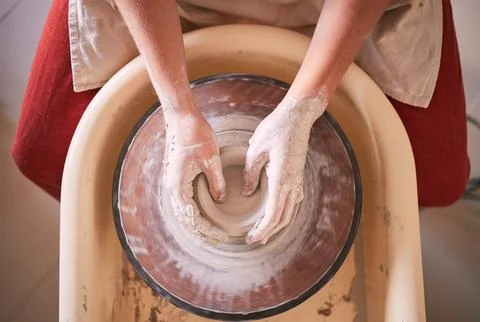 Creative, pottery and design with hands of woman in workshop studio for molding Stock Photos