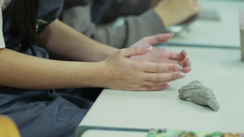 Creative Pottery Workshop with Artist Processing Raw Brown Clay Stock Footage 340814954
