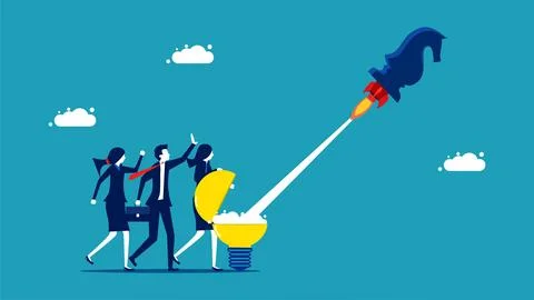 Creative proactive strategy. businessman is launching a chess horse rocket fr Stock Illustration