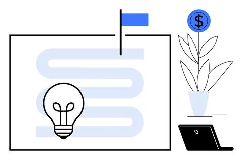 Creative problem-solving concept with flag, light bulb, plant, and laptop Illustrazione stock