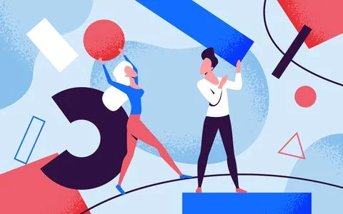 Creative problem solving, people holding abstract figures and forms, create Stock Illustration