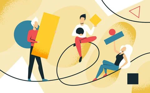 Creative problem solving, people holding abstract figures and forms, create Stock Illustration