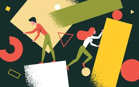 Creative problem solving, people holding abstract figures and forms, create Stock Illustration