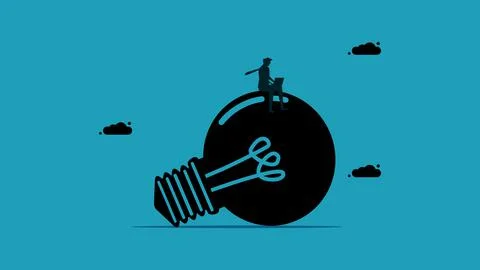 Creative problem solving Smart businessman sitting on a light bulb. Silhouett Stock Illustration