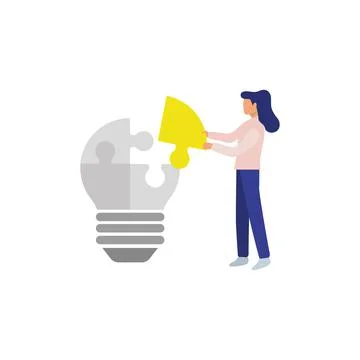 Creative Problem Solving: Woman Completing Lightbulb Puzzle Stock Illustration
