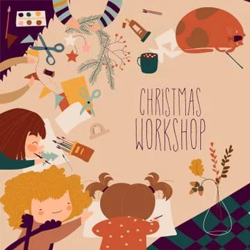 Creative process with child painting and childrens handiwork. Christmas workshop Illustrazione stock