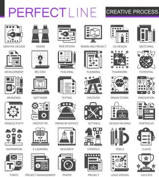 Creative process classic black mini concept symbols. Modern icon pictogram Ilustración de archivo