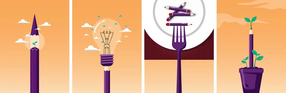 Creative process concept set with pencil lightbulb fork and plant growth Stockillustratie