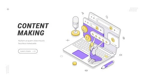 Creative process of content production for a blog or podcast isometric banner Stock Illustration