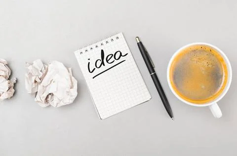 Creative process creative process. crumpled wads, notebook with idea word ... Stock Photos