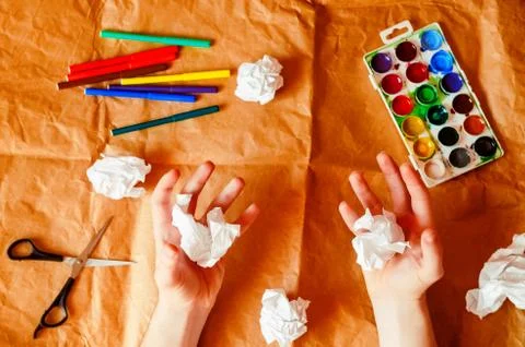 Creative process. crumpled paper. felt pens, paints, paper, scissors. view fr Stock Photos
