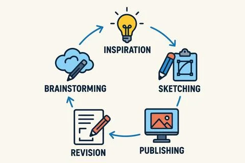 Creative process cycle from inspiration to publishing and revision Illustrazione stock