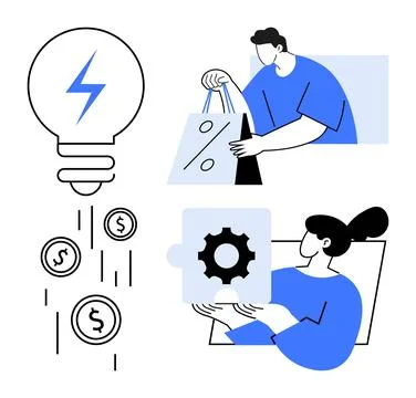 Creative process elements with shopping bag, puzzle piece, lightbulb, and f.. Stock Illustration