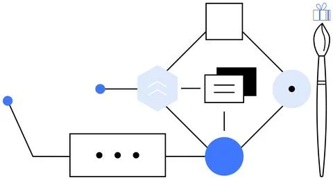 Creative Process Flowchart with Connections, Paintbrush, and Geometric Shapes 스톡 일러스트