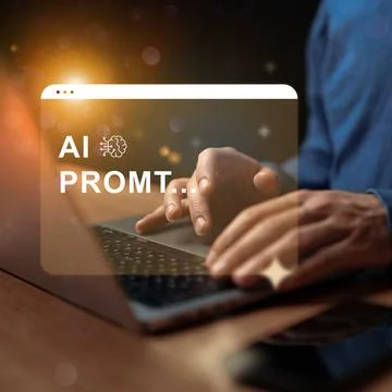 Creative process for generating AI prompts using a laptop in a cozy workspace Stock Photos