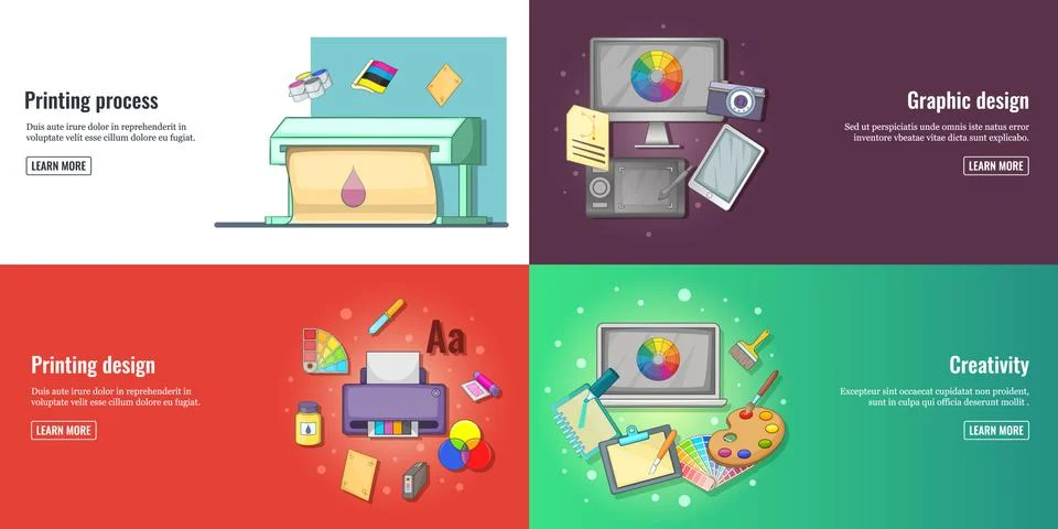 Creative process, graphic design or web design development banners set and Illustrazione stock