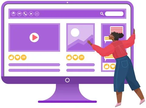 Creative process of graphic designer or web developer. Woman placing banners and イラスト素材