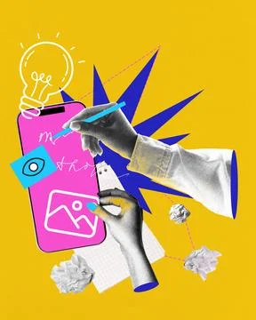 Creative process. Hands sketch on phone screen, lightbulb idea, eye icon, and Stock Photos