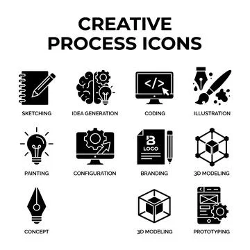 Creative process icons including sketching, idea generation, coding, illust.. 스톡 일러스트